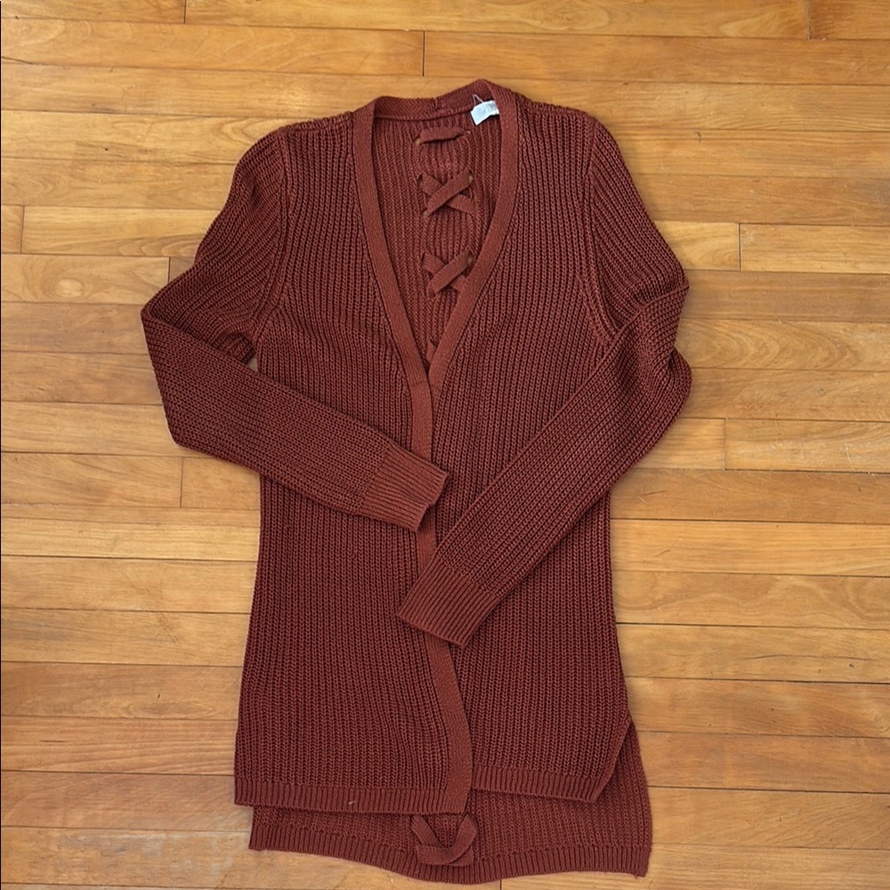 Rust Colored Ribbed Knit Cardigan Sweater